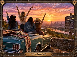 Four young women celebrate beside a teal vintage convertible overlooking a glowing city at sunset, capturing carefree friendship and youthful possibility. Warm gold, coral, and violet light fills the sky, while guitars, flowers, blankets, and rustic signs enrich the nostalgic scene. An ornate guitar-inspired frame completes the cinematic, handcrafted composition.