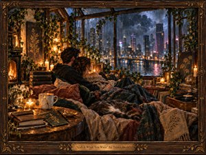 A couple nestles together in a lush, candlelit apartment overlooking a rain-soaked city skyline. Warm amber light contrasts with cool blue night tones, creating an intimate, protective mood. Rich textiles, trailing ivy, books, a sleeping cat, and vintage furnishings give the detailed painterly scene a handcrafted, romantic warmth.