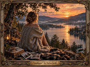 A young woman wrapped in a textured cream cardigan sits above a misty lakeside village at sunset, surrounded by old books, photographs, wildflowers, and a glowing lantern. Warm amber light meets cool forest shadows, creating a wistful, intimate mood. The painterly realism is enclosed by an ornate rustic botanical frame.