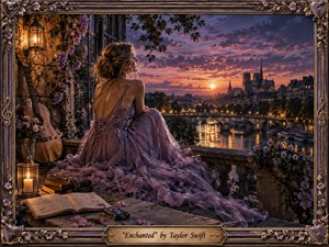 A woman in a flowing lavender gown overlooks a glowing riverside city from a flower-draped balcony at twilight. Warm lanterns, candles, a guitar, books, and scattered petals create a romantic, wistful mood. Purple skies, golden reflections, ornate framing, and cinematic realism give the scene a richly enchanted, dreamlike atmosphere.
