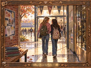 Two teenage girls walk side by side through a sunlit school hallway toward an autumn football field, framed by lockers, trophies, fallen leaves, and handmade notices. Warm gold, amber, and muted blue tones create a nostalgic mood. Painterly realism, reflective floors, detailed backpacks, carved wood, and a brass title plate evoke friendship and growing up.