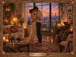 A couple dances barefoot in a warmly lit apartment overlooking a glowing city at sunset. Roses, candles, trailing greenery, vintage furniture, records, and a sleeping dog create an intimate, lived-in atmosphere. Rich amber, blush, and twilight-blue tones, textured painterly surfaces, and an ornate floral frame evoke tender romance, comfort, and devotion.