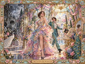 A radiant couple dances through an ornate glass conservatory overflowing with flowers, butterflies, peacocks, and gilded details. Pastel pinks, blues, and golds glow beneath warm sunlight, contrasting with a stormy shadowed corner. The lavish romantic composition blends whimsical fantasy, theatrical elegance, reflective surfaces, and richly handcrafted decorative textures.