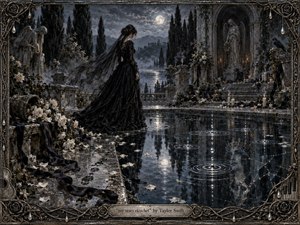 A solitary woman in a flowing black gown stands beside a moonlit reflecting pool in a ruined gothic garden. Silver-gray stone, white roses, candles, ravens, and cypress trees create a mournful atmosphere. Rippling water mirrors the full moon, while an ornate dark metal frame with teardrop details intensifies the elegiac, handcrafted mood.