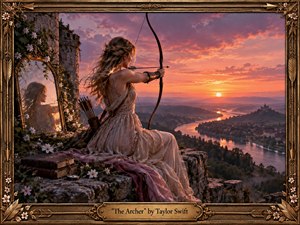 A lone archer in a flowing pale gown aims across a sweeping river valley from a weathered stone ruin at sunset. Warm gold, rose, and violet light creates a reflective, tense mood, while an antique mirror, flowers, books, distant castle, and ornate bronze frame enrich the romantic, cinematic fantasy style.