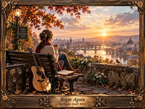 A young woman sits quietly on a hillside bench overlooking a glowing riverside city at sunrise, accompanied by an acoustic guitar, journal, and weathered case. Warm amber light, autumn leaves, stonework, bridges, and distant spires create a reflective, hopeful mood, framed by ornate bronze musical details and vintage craftsmanship.