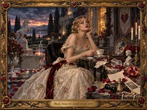 A glamorous woman in an ornate ivory gown sits at a candlelit terrace table overlooking a twilight estate. Crimson roses, scattered letters, shattered reflections, chess pieces, and a broken heart motif create romantic tension. Warm gold light contrasts with stormy blue skies, while richly textured, old-master styling suggests elegance, danger, and emotional calculation.
