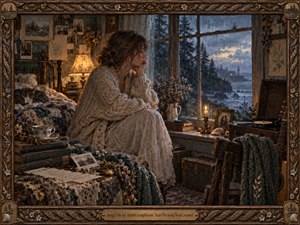 A contemplative woman in a loose cream cardigan sits beside a rain-streaked window in a warmly cluttered bedroom. Amber lamplight contrasts with the cool blue storm outside, creating a nostalgic, intimate mood. Textured fabrics, old photographs, books, flowers, candles, and carved wooden framing give the scene a richly handcrafted, memory-soaked atmosphere.
