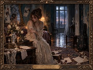 A solitary young woman sits in a rain-darkened bedroom surrounded by scattered letters, wilted roses, framed memories, and a closed guitar case. Warm lamplight contrasts with cold blue window light, creating a wounded, reflective mood. Rich painterly textures, ornate bronze framing, cracked glass, and deep shadows heighten the intimate melancholy.