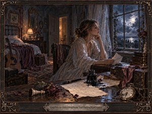 A young woman sits pensively at an antique desk, surrounded by scattered letters, wilted roses, an ink bottle, guitar, and pocket watch. Moonlight pours through a stormy window, contrasting with warm lamplight behind her. Rich browns, dusky blues, and muted rose tones create a melancholic, painterly atmosphere within an ornate vintage frame.