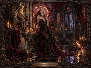 A woman in a flowing black-and-crimson gown stands amid candles and roses inside a storm-lit Gothic cathedral. Warm gold light contrasts with violet lightning through stained glass, creating a feverish, devotional mood. Ornate metalwork, reflective floors, scattered petals, and dramatic shadows give the scene a richly textured, dark-romantic painted quality.