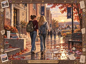 Two teenage girls walk side by side from a brick high school along a rain-polished autumn path, surrounded by glowing red leaves, scattered books, benches, and distant classmates. Warm sunset light creates a nostalgic, hopeful mood. The richly detailed painterly scene is enclosed by a rustic wood-and-brass musical frame.