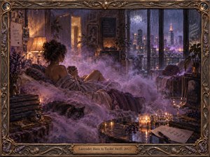 A woman rests in a dim, luxurious apartment as lavender mist drifts across rumpled bedding toward a rain-streaked city skyline. Warm amber lamps and candles contrast with violet-blue night tones, creating a dreamy, intimate mood. Ornate bronze framing, flowers, records, glassware, and reflective surfaces enrich the painterly, handcrafted atmosphere.