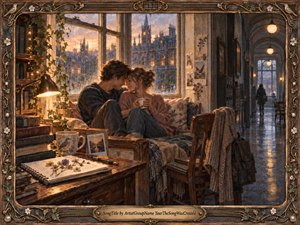 A young couple sits closely together in a cozy library nook beside rain-streaked windows overlooking a glowing old city. Warm amber lamplight contrasts with cool blue-gray corridors, creating an intimate, reassuring mood. Detailed painterly textures, ivy, books, dried flowers, knitted fabrics, and an ornate botanical frame enrich the handcrafted romantic atmosphere.