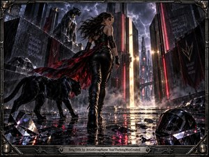 A fierce woman in black leather strides beside a shadowy panther through a rain-soaked futuristic city. Crimson neon towers, lightning, shattered glass, and mirrored pavement create a tense, defiant atmosphere. Dramatic backlighting, smoky reflections, metallic textures, and a dark industrial frame give the scene a cinematic, handcrafted intensity.