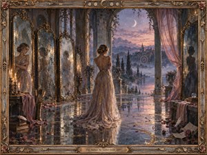 A solitary woman in a flowing rose-gold gown stands within a grand mirrored terrace at twilight, surrounded by fractured reflections, candles, scattered petals, and arrows. Beyond the arches, misty mountains, a distant castle, crescent moon, and target emerge in lavender light, creating a romantic yet introspective, dreamlike atmosphere.