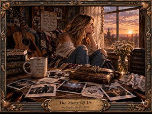 A wistful young woman sits beside a sunset-lit attic window, surrounded by photographs, books, flowers, a guitar, and handwritten memories. Warm amber light contrasts with deep shadows, creating a reflective, bittersweet mood. Rich wood, aged paper, textured fabrics, and an ornate musical frame give the cinematic composition a handcrafted, nostalgic character.