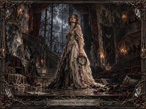 A defiant woman in a tattered ivory gown stands alone inside a decaying Gothic theater, surrounded by shadowy onlookers, thorny vines, broken mirrors, scattered roses, pearls, and abandoned masks. Storm lightning pierces tall windows while candlelight warms the dark bronze interior, creating a haunting, theatrical atmosphere of isolation, judgment, and fierce resilience.