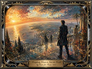 A solitary figure overlooks a vast coastal city from a grand terrace at sunset, evoking ambition, control, and uneasy reflection. Fiery golds, cool blues, and deep shadows create dramatic contrast across the painterly scene. An ornate Art Deco frame, musical motifs, vinyl details, and engraved title plate complete the cinematic composition.