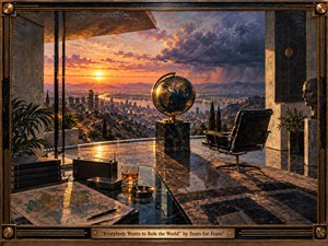 A richly textured, painterly scene shows a modernist hilltop lounge overlooking a glowing city at sunset, centered on a polished globe that suggests ambition and control. Warm gold light clashes with looming storm clouds, while marble floors, a leather chair, maps, and a bronze frame create an elegant, tense, 1980s-inspired atmosphere.
