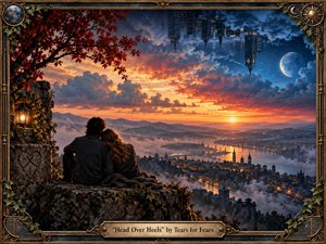 A couple rests together on a mossy stone overlook above a glowing river city, surrounded by autumn foliage, mist, and distant mountains. Warm sunset oranges blend into deep celestial blues, where an inverted city floats among clouds and stars. Rich painterly detail, dramatic lighting, and an ornate gilded frame create a romantic, dreamlike atmosphere.