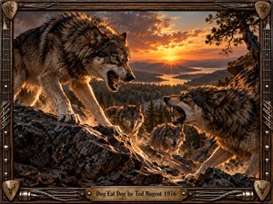 Four snarling wolves clash across jagged mountain rocks above a vast forest and winding lake at sunset. Fiery orange light cuts through dark clouds, illuminating fur, dust, and sharp stone textures. The dramatic realistic style creates a fierce survivalist mood, enclosed by an ornate guitar-inspired wood and metal frame.