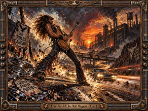 A wild guitarist dominates a shattered industrial highway beneath a fiery sunset, surrounded by roaring cars, smoke, sparks, and towering amplifiers. Burnished oranges, blacks, and metallic browns intensify the reckless mood. Painterly textures, dramatic lighting, motion trails, and a guitar-hardware frame create a fierce 1970s hard-rock atmosphere.