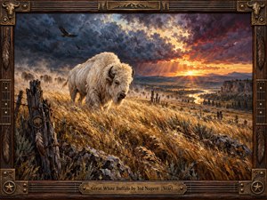 A solitary white buffalo strides through windblown golden prairie beneath towering storm clouds and a fiery sunset. Distant bison fade into dust while broken fencing and circling birds suggest loss and survival. Rich oil-paint textures, glowing ochres, deep blues, and an ornate wood-and-bronze guitar-inspired frame create a powerful, elegiac atmosphere.