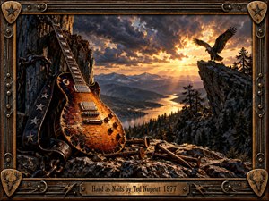A weathered electric guitar rests against a rugged mountain overlook as rusty nails, chains, and metal hardware reinforce a hard-edged rock mood. Golden sunset light cuts through storm clouds above forests, distant peaks, and a winding river, while an eagle crowns the dramatic scene within an ornate industrial frame.