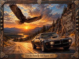 A black muscle car races along a winding mountain road beneath a soaring bald eagle and blazing sunset. Golden light reflects across distant water and rugged peaks, creating a bold, energetic 1970s rock atmosphere. A guitar-inspired metal frame, star details, and engraved brass title plate complete the dramatic painted composition.