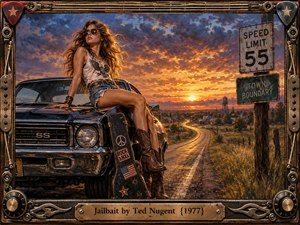 A rebellious woman in aviator sunglasses sits on a black muscle car beside a weathered guitar case as a rural highway curves toward a small town at sunset. Fiery orange clouds, roadside signs, fields, and warm golden light create a restless 1970s rock atmosphere within an ornate guitar-hardware frame.