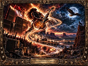 A towering guitarist erupts from a fiery concert stage into a moonlit desert, surrounded by glowing S-curve light trails, crowds, amplifiers, wildlife, and distant mesas. Rich amber, bronze, crimson, and electric blue lighting heighten the rebellious mood, while ornate carved wood and metal framing completes the cinematic digital painting.