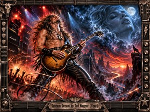 A wild-haired guitarist dominates a fiery rock landscape, surrounded by towering amplifiers, blazing concert lights, storm clouds, and a winding illuminated road. Red-orange flames clash with icy blue moonlight, creating a feverish dream atmosphere. Detailed digital fantasy realism, metallic textures, rugged cliffs, and an instrument-inspired frame intensify the explosive energy.