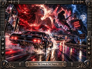 A black muscle car charges along a rain-slicked neon highway beneath storm clouds and electric lightning, while a fiery woman and wild guitarist dominate the turbulent skyline. Crimson, blue, and white reflections intensify the feverish nighttime energy. An ornate guitar-themed metal frame and engraved title plate complete the dramatic digital artwork.