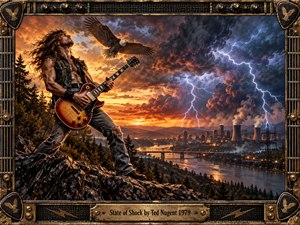 A rugged guitarist stands on a rocky overlook beneath turbulent storm clouds, lightning, and a soaring eagle, with a glowing industrial city and river below. Fiery sunset tones contrast with deep blues and blacks, creating an intense, electrified mood. A weathered amplifier-style frame with metal details and engraved title plate completes the cinematic rock artwork.