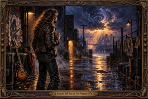 A long-haired rock musician in a worn leather jacket stands beside a guitar and road cases in a rain-soaked industrial alley. He faces a distant city beneath turbulent violet storm clouds split by golden light. Deep blues, amber reflections, steam, weathered posters, and an ornate guitar-themed frame create a tense late-1970s rock atmosphere.