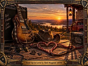 A weathered electric guitar and cowboy hat rest on a rustic porch above a heart-shaped coil of rope, overlooking a glowing river valley at sunset. Warm amber light, deep browns, and metallic details create a rugged romantic mood. An ornate guitar-themed frame and brass title plate complete the cinematic rock artwork.