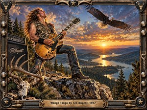 A wild-haired guitarist performs on a rocky mountain ledge above a glowing river valley at sunset, charged with fierce rock energy. Warm gold and amber light contrast with deep blue mountains, while an eagle, antlers, amplifier, and rugged ornamental frame reinforce the untamed, theatrical mood and detailed painted realism.