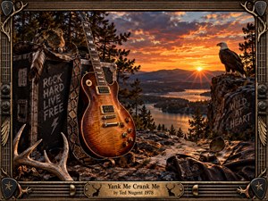 A blazing sunset frames a rugged mountain lake scene dominated by a polished electric guitar, weathered road case, cowboy hat, antlers, and a watchful bald eagle. Warm orange light, deep shadows, metallic details, and ornate rock-themed framing create a bold, rebellious, cinematic atmosphere with richly rendered realism.