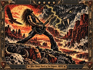 A wild-haired guitarist dominates a jagged canyon beneath a fiery orange sky, while golden lightning illuminates storm clouds shaped like a snarling beast. A soaring eagle, horned skull, and glowing river intensify the primal atmosphere. Distressed red and black printmaking textures fill the composition, enclosed by an ornate guitar-inspired bronze frame.