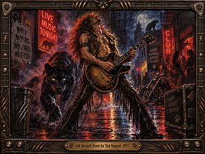 A wild-haired guitarist commands a rain-slick neon alley as a shadowy black panther prowls beside him. Crimson signs, blue moonlight, curling smoke, motorcycles, and distant clubgoers intensify the untamed nighttime atmosphere. Rich, textured painterly strokes and dramatic reflections glow within an ornate guitar-inspired bronze frame and engraved title plate.