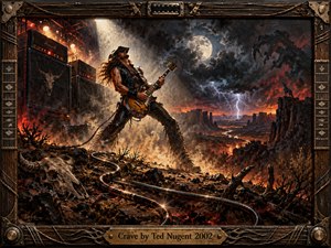 A wild-haired guitarist commands a scorched desert stage beneath a full moon and lightning-streaked clouds. Towering amplifiers, a bleached horned skull, and a distant howling wolf intensify the primal tension. Fiery orange light battles smoky blue shadows in this richly textured, dramatic painting, enclosed by a rugged guitar-inspired metal frame.