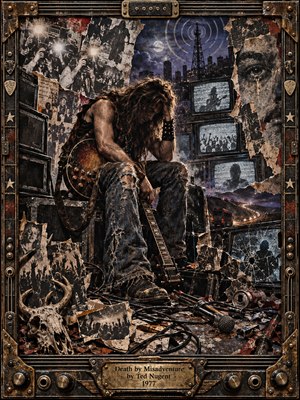 A weary long-haired guitarist slumps amid battered amplifiers, flickering televisions, torn photographs, and tangled cables. Paparazzi flashes and a moonlit city loom behind him, while scattered debris suggests fame unraveling into isolation. Rusty bronze, charcoal, and bruised violet dominate this shadowy, richly textured collage, enclosed by a guitar-inspired metal frame.