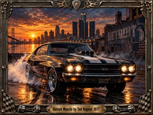 A powerful black muscle car roars through smoky pavement beside Detroits waterfront at sunset. Fiery orange skies illuminate chrome details, glowing headlights, and the industrial skyline. This cinematic, photorealistic artwork captures raw horsepower and rebellious energy, surrounded by an ornate metallic frame featuring guitar hardware, racing flags, and an engraved title plate.
