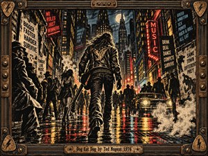 A long-haired guitarist strides into a rain-soaked city crowded with shadowy figures beneath towering buildings and glaring neon signs. Red, amber, and icy blue reflections streak the pavement, while rising steam deepens the menace. Rough linocut textures and a weathered bronze guitar-themed frame evoke gritty 1970s rock rebellion.