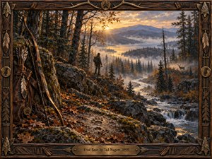 A lone bowman stands on a rocky overlook above a mist-filled wilderness valley at sunrise. Golden light illuminates distant mountains, dark evergreens, rushing water, and autumn foliage. A wooden bow, feathered arrows, and animal tracks enrich the foreground. Textured oil painting and an ornate carved frame evoke reverence and solitude.