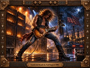A wild-haired guitarist strikes a powerful stance amid blazing amplifiers and smoky industrial towers, his amber guitar glowing beneath fiery spotlights and blue moonlight. A waving American flag, dark muscle car, and wet reflections heighten the rebellious atmosphere. Rich oil-painted textures glow within an ornate bronze-and-wood musical frame.