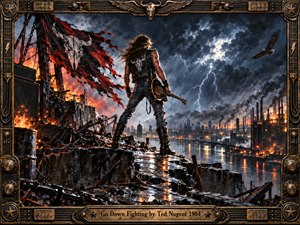 A lone long-haired guitarist stands defiantly atop rain-slick industrial ruins, overlooking a smoke-choked city beneath lightning-torn storm clouds. Flames and a shredded crimson banner blaze against steel-blue shadows as an eagle circles overhead. Rich oil-painted textures, glowing reflections, and an ornate bronze guitar-themed frame evoke fierce, unyielding determination.