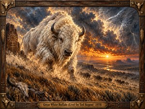 A majestic white buffalo charges across a windswept prairie beneath towering storm clouds and a fiery orange sunset. Dust swirls around its hooves as distant herds cross the valley. Dramatic oil brushwork, golden highlights, and deep blue shadows create mythic intensity, surrounded by ornate carved wood and bronze musical detailing.