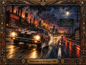 A black muscle car charges through rain-soaked Detroit streets beneath fiery industrial skies. Blazing headlights illuminate reflective asphalt, while smoky factories and distant skyscrapers evoke restless energy. Dramatic orange and blue tones, expressive oil brushwork, and sweeping motion convey rebellious freedom. An ornate guitar-inspired metal frame completes the artwork.
